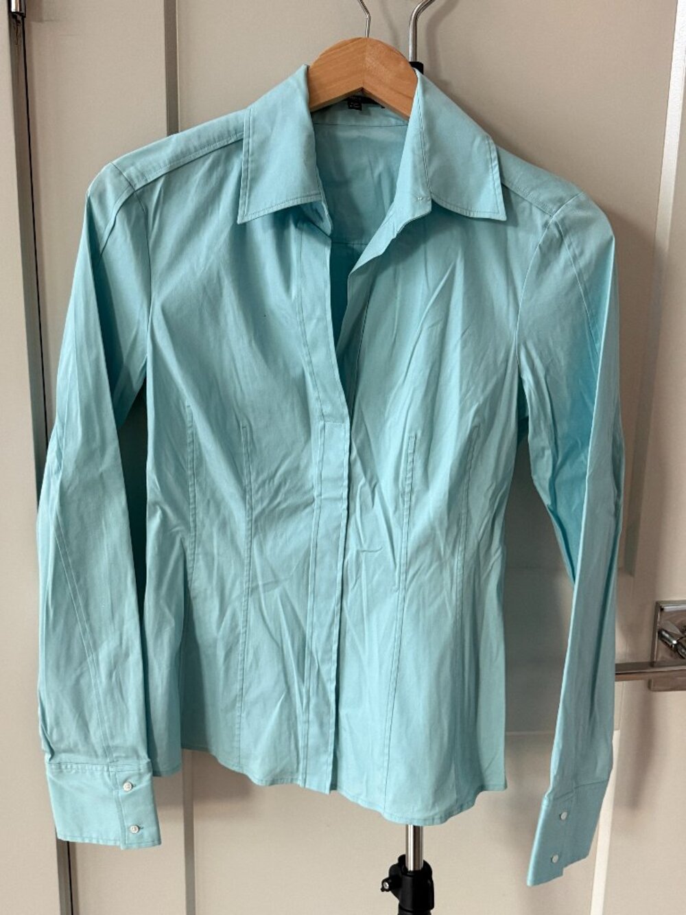Hugo Boss Aqua Blue Tailored Blouse Women’s 8 Side Zip Stretch Top Career Office